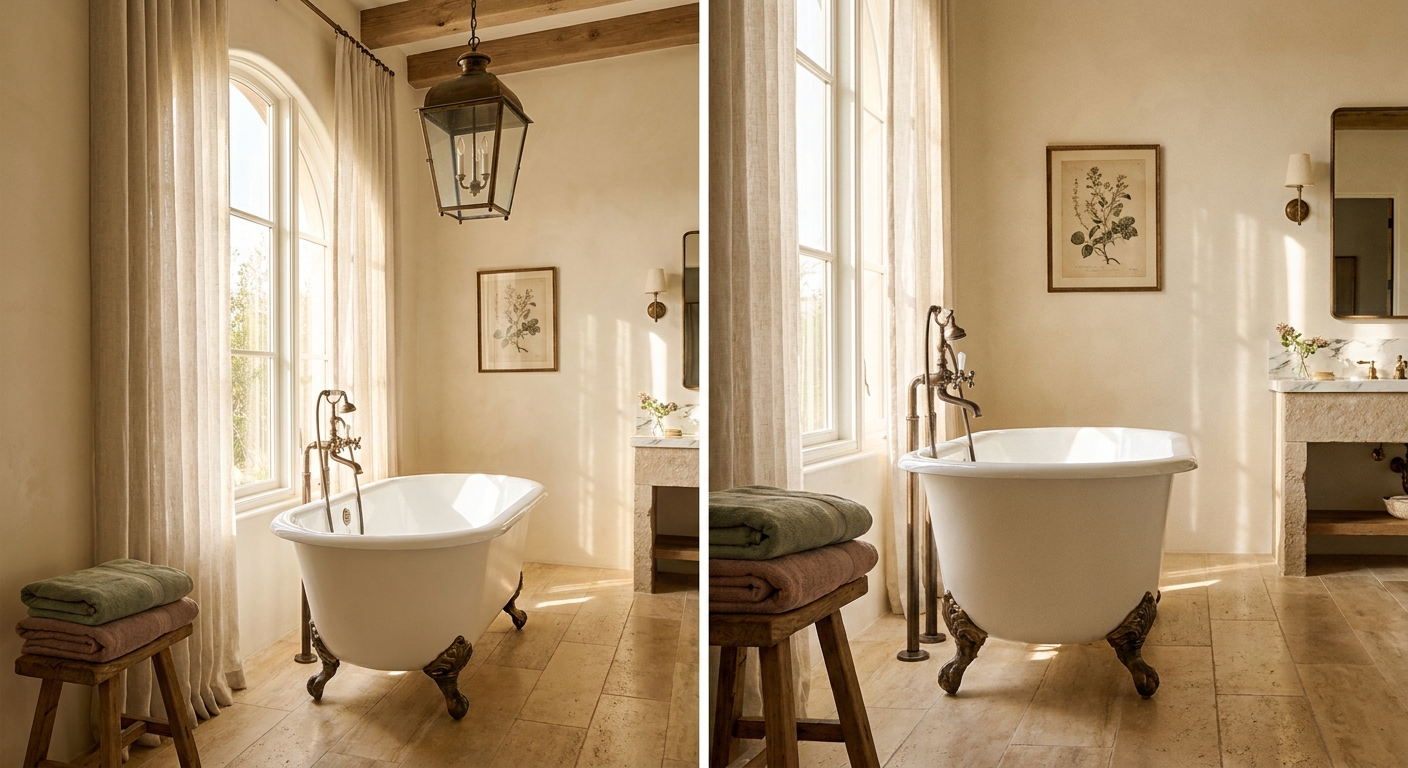 A freestanding Victoria + Albert Barcelona tub in a renovated Arcadia primary wet-room. Honed marble floor, Cle Zellige shower wall behind, brass Brizo Litze tub filler, steel-and-glass enclosure separating the wet zone from the dry side of the room.