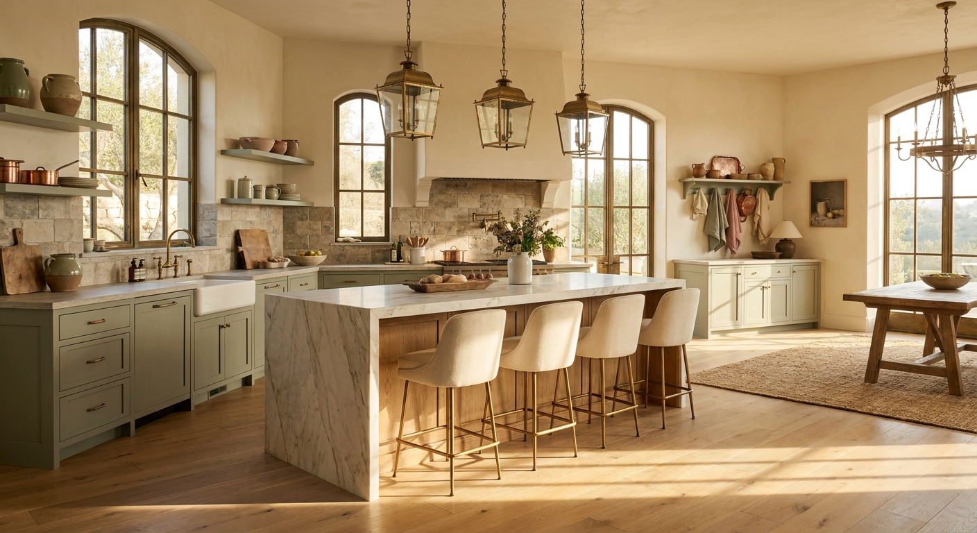 A renovated Arcadia kitchen island with seating for four — soft white oak base, quartzite waterfall edge, brass pendant lights overhead.