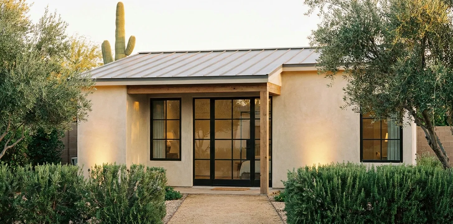 A converted garage now serving as a small ADU on an Arcadia property — the existing structure preserved, new french doors and windows added.