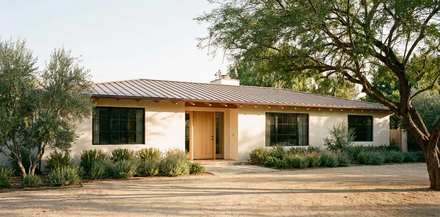 A renovated Arcadia ranch at golden hour — original 1955 bones, opened plan, oversized steel-frame windows opening onto a citrus-fringed lawn.