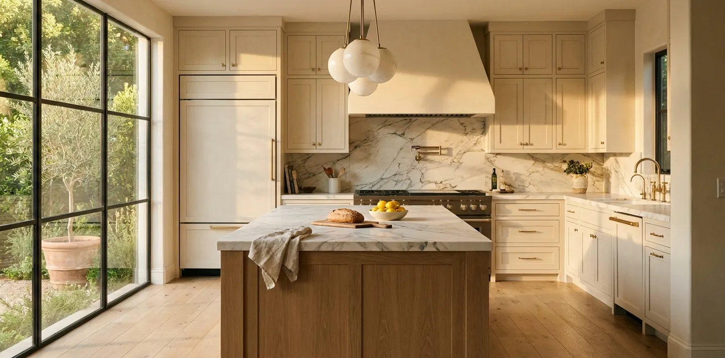 A renovated Arcadia kitchen with a long oak island, plaster range hood, brass faucet, and Cle Zellige backsplash — typical of the layout and materials that resold above comp in 85018 in 2025.