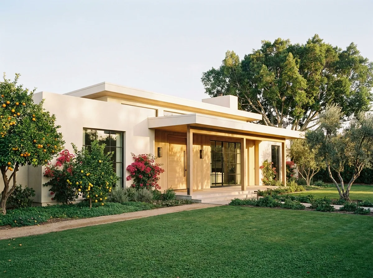 An Arcadia transitional-style addition under construction — the architectural lines of the existing 1950s ranch preserved, new exterior cladding matching the original stucco texture.