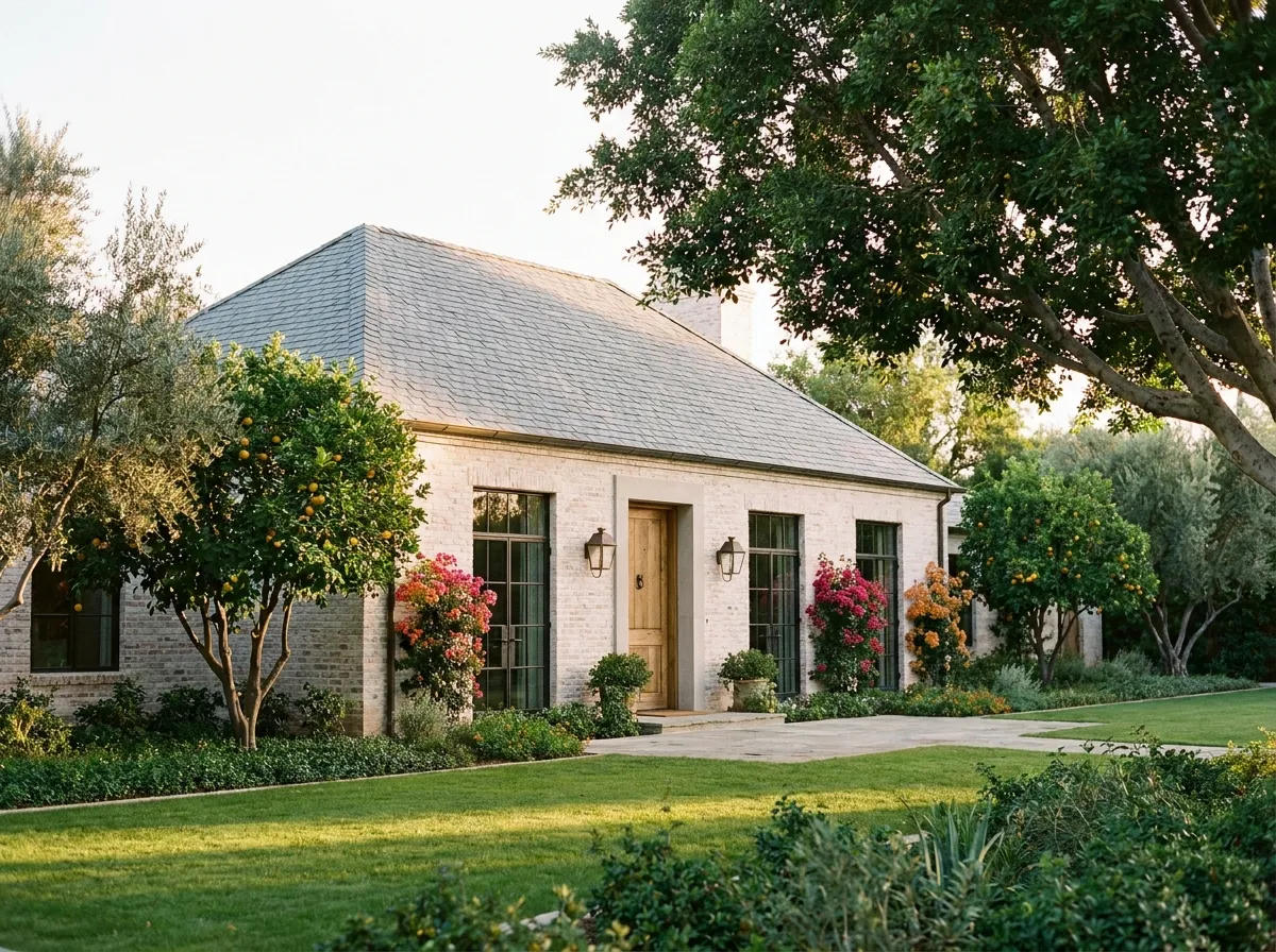A renovated Arcadia interior in Belgian Countryside style — chalky plaster walls, reclaimed beam ceiling, antique limestone floors, restrained linen upholstery.