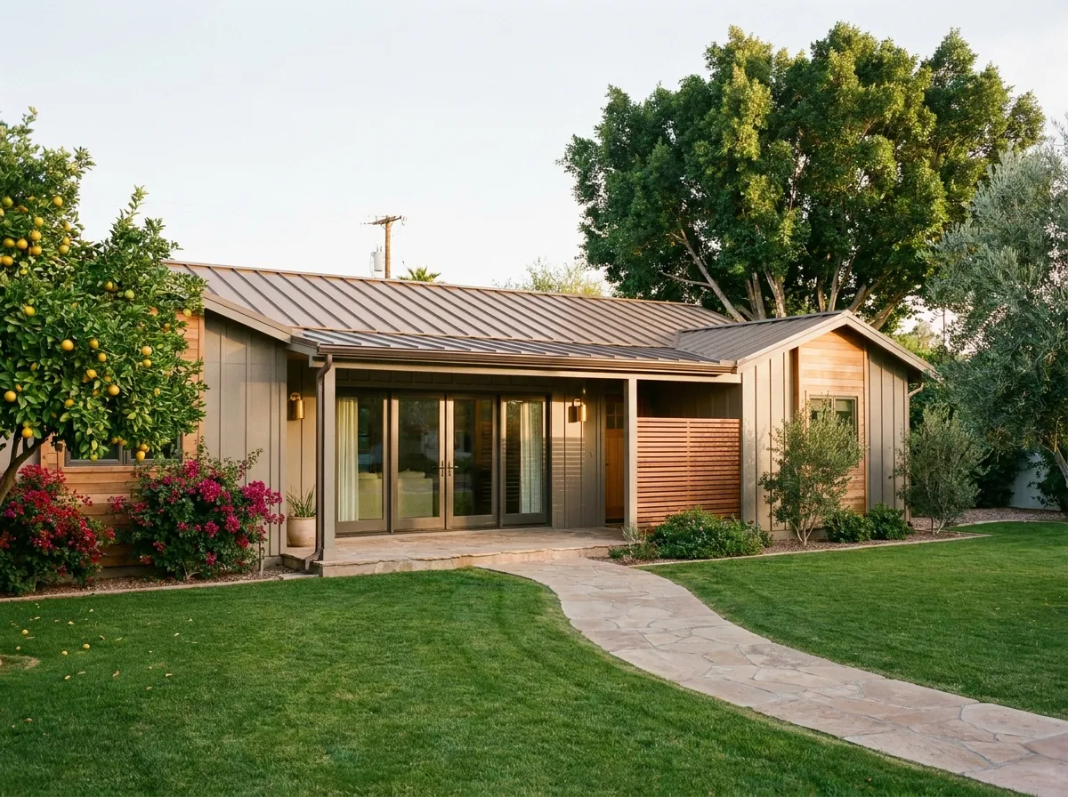 A renovated Arcadia ranch in a soft California Casual style — limewashed walls, white oak entry, mature landscaping.