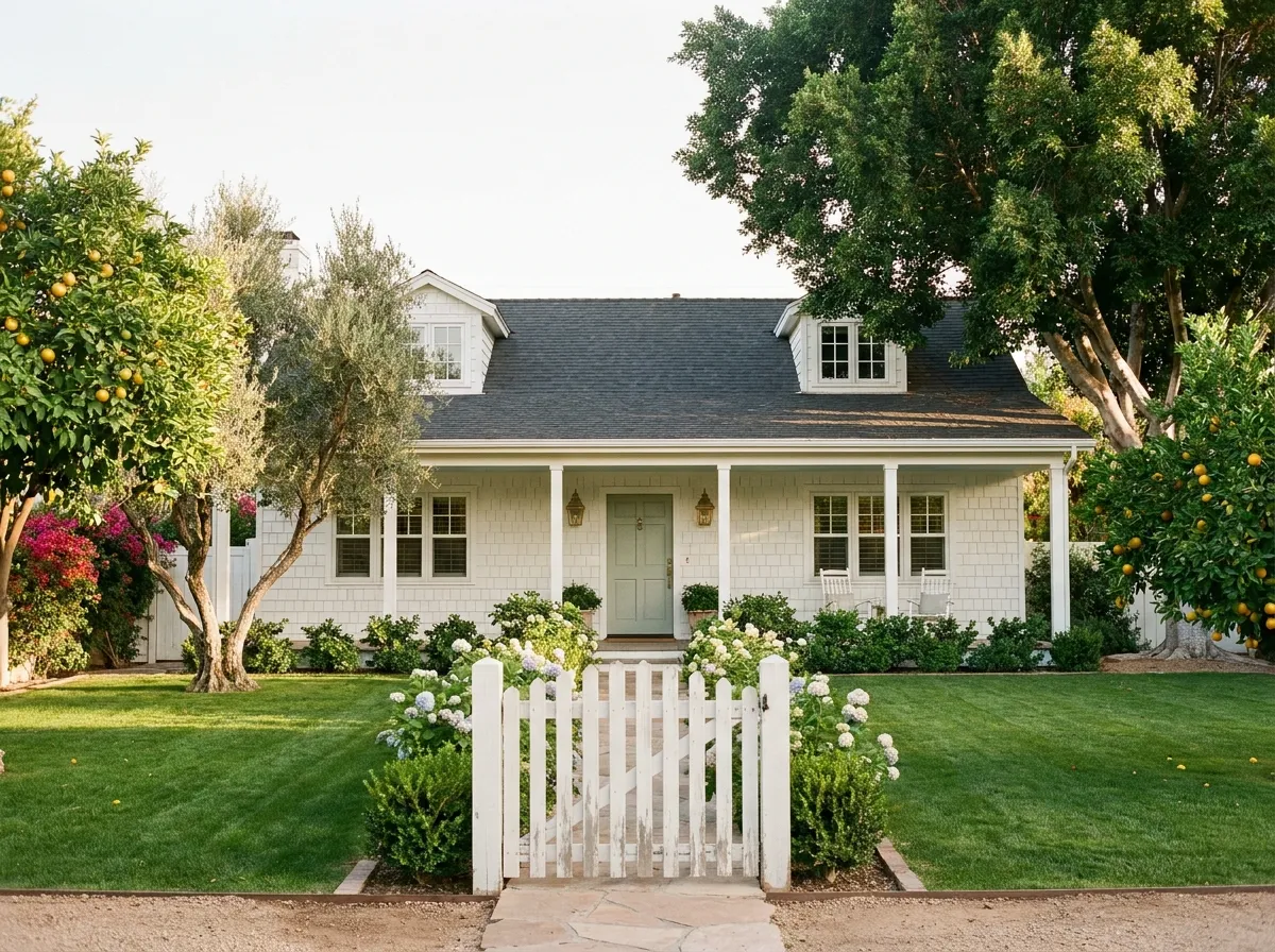 A small detached ADU painted soft white with a black metal roof and one large picture window, set behind a main Arcadia ranch.