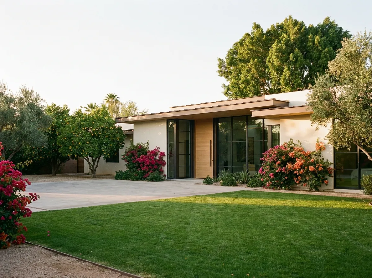 A renovated Scottsdale home with a desert-modern facade. Mature mesquite, board-formed concrete, steel-frame windows. The architectural restraint that defines current Scottsdale luxury renovation.